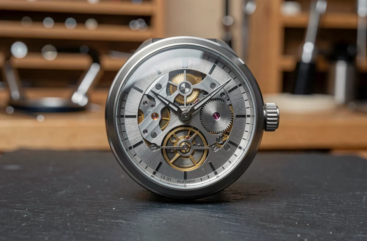 Gros plan sur le mouvement tourbillon d'une montre mécanique de luxe posée sur une ardoise sombre dans un atelier horloger