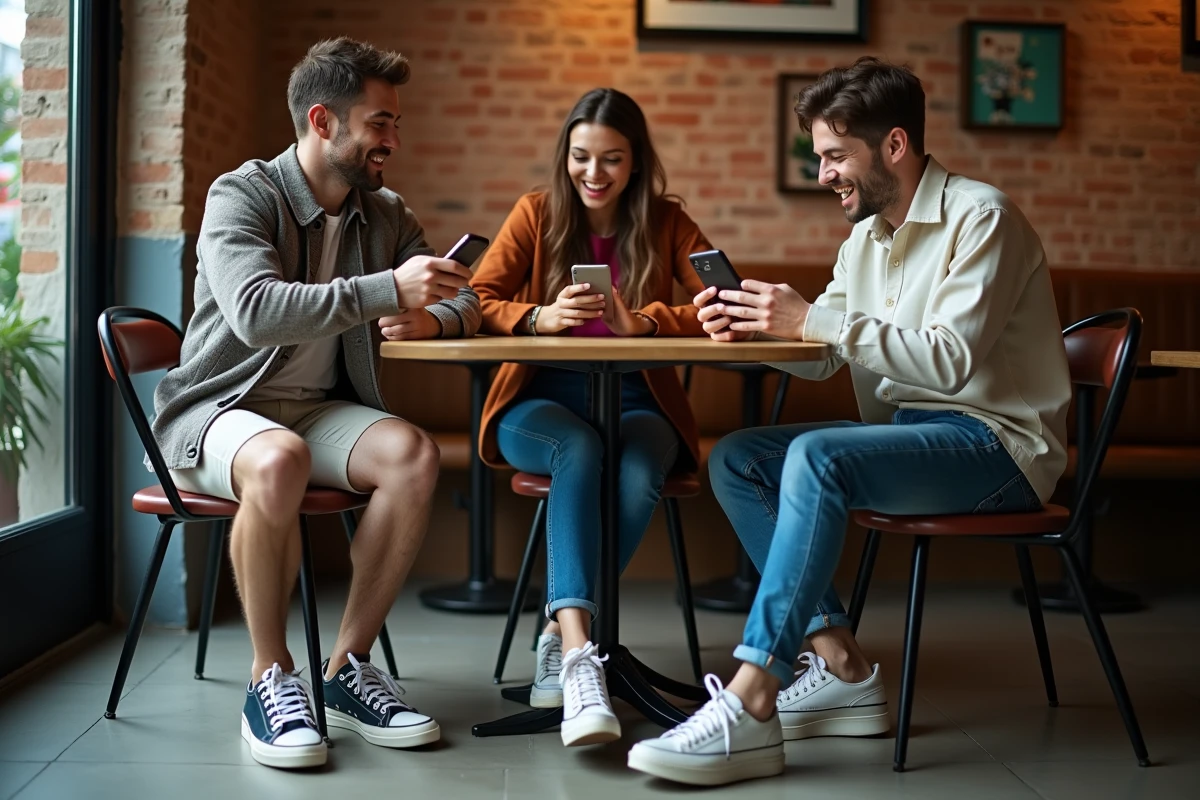 Groupe d amis dans un cafe avec chaussures originales