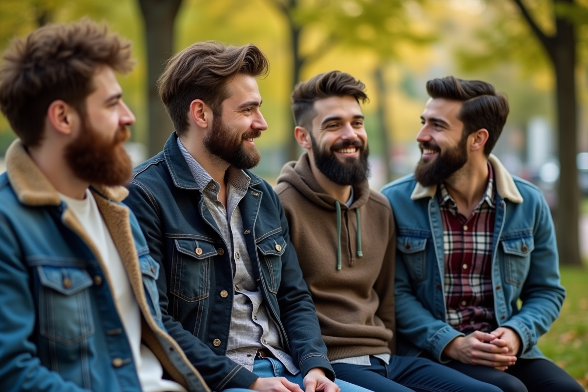 Groupe d amis avec barbes dans un parc urbain pour article style homme
