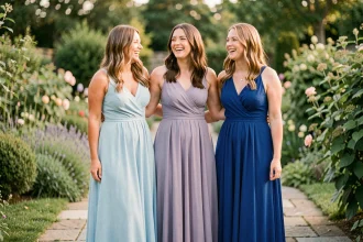 Trois demoiselles d'honneur en robes de différentes nuances de bleu, du bleu pastel au bleu roi, dans un jardin lors d'un mariage