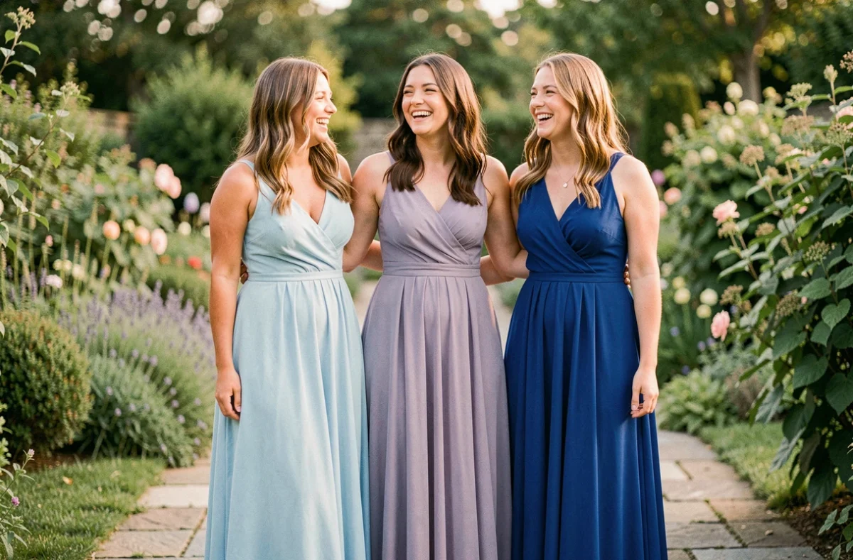 Trois demoiselles d'honneur en robes de différentes nuances de bleu, du bleu pastel au bleu roi, dans un jardin lors d'un mariage