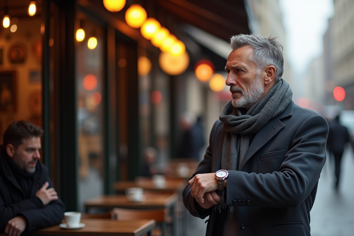Homme regardant sa montre devant un café urbain