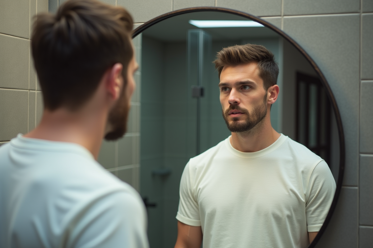 Homme étudiant son profil dans un miroir de salle de bain