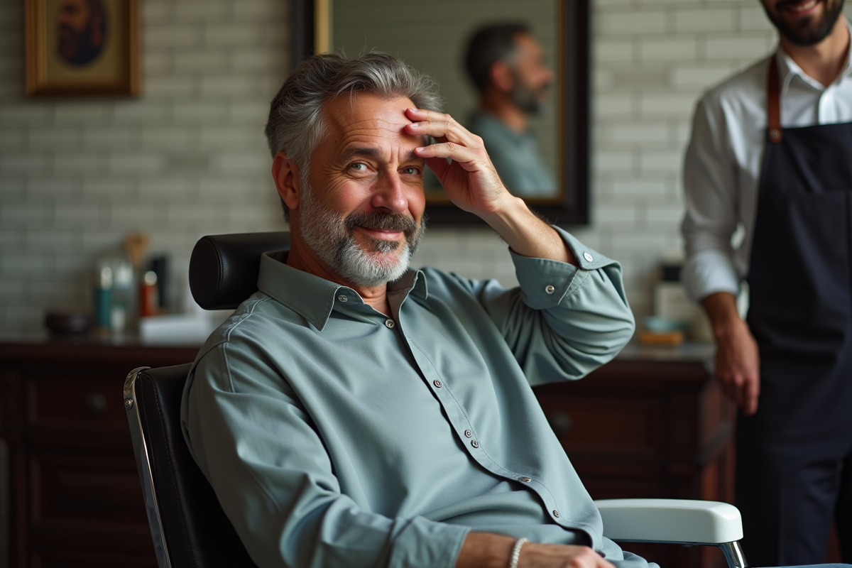 Homme souriant secouant la tête dans un barbershop traditionnel