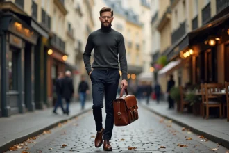 Homme élégant en tenue casual-chic portant une besace en cuir cognac en bandoulière dans une rue parisienne pavée en automne