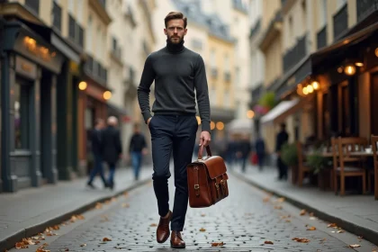 Homme élégant en tenue casual-chic portant une besace en cuir cognac en bandoulière dans une rue parisienne pavée en automne