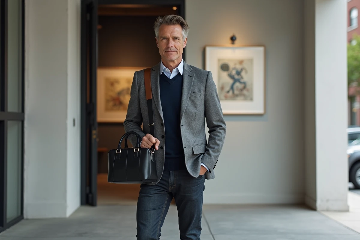 Homme distingué en blazer gris portant une besace en cuir noir structurée en bandoulière devant l'entrée d'une galerie d'art contemporain
