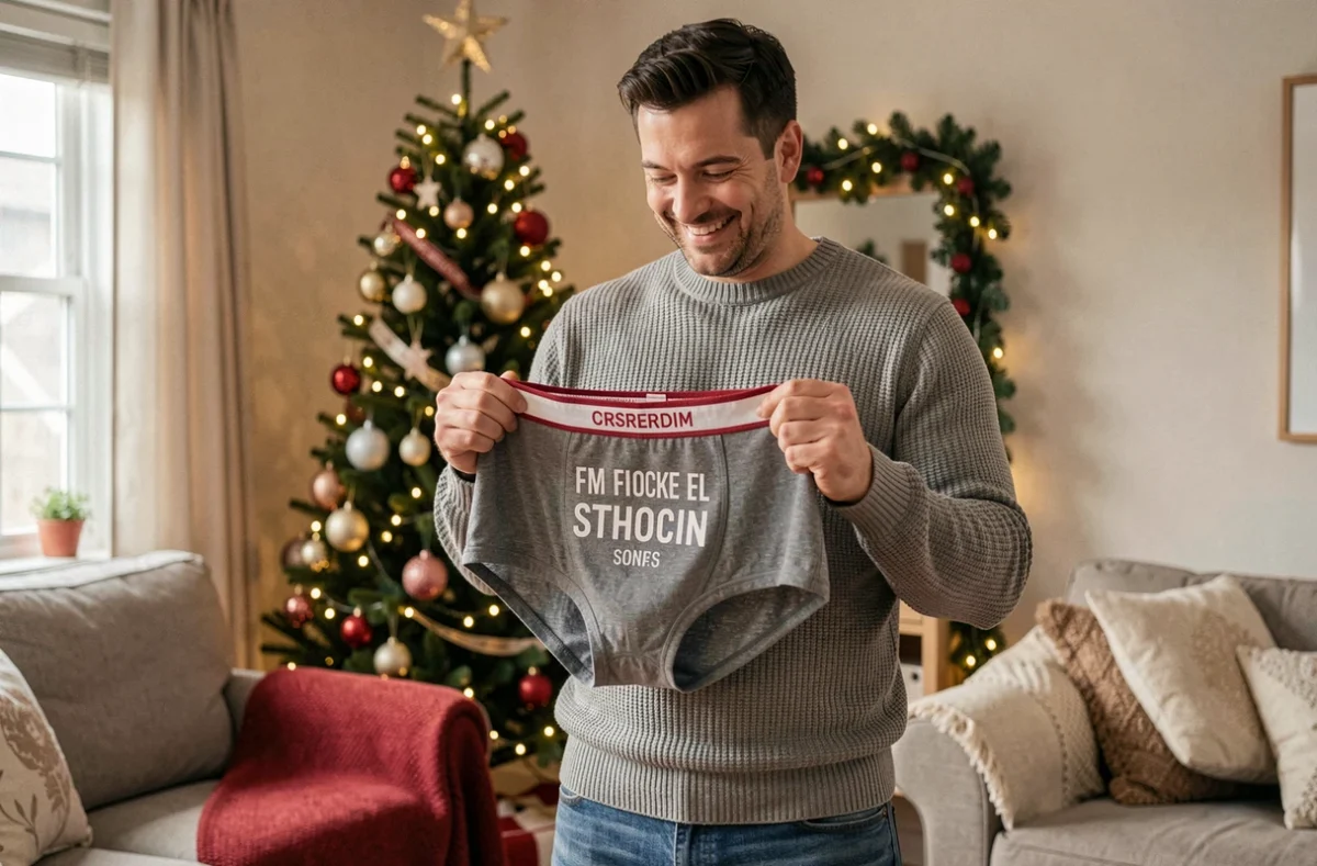 Homme souriant tenant un boxer personnalisé avec un message drôle devant un sapin de Noël