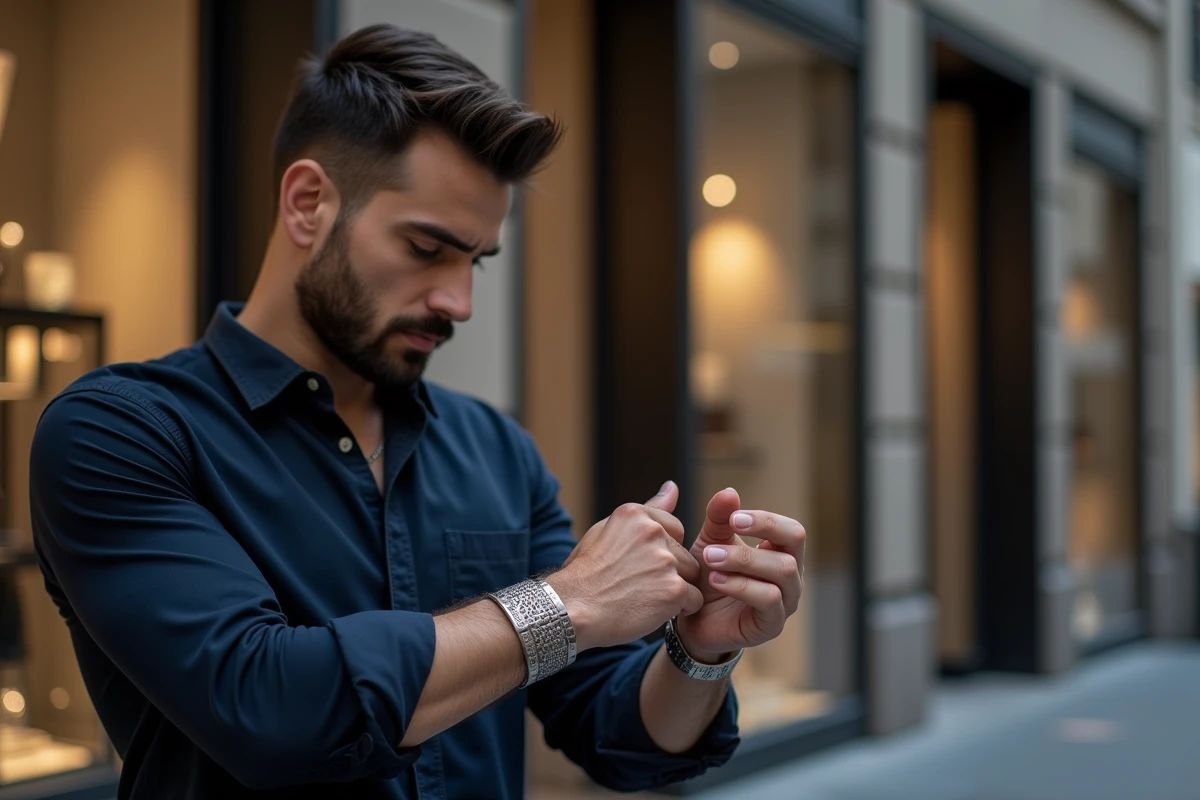 Homme comparant deux bracelets en bijouterie urbaine