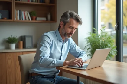 Homme d'âge moyen travaillant sur un ordinateur dans une cuisine moderne