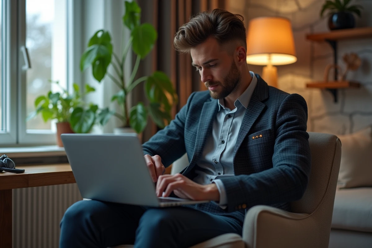 Homme en veste électronique dans un bureau contemporain