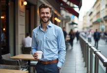Homme bien habille au café en ville pour l'article {titre}