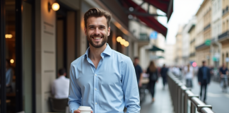 Homme bien habille au café en ville pour l'article {titre}
