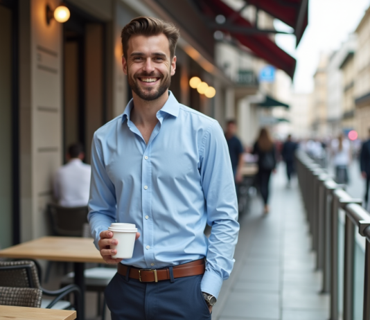 Homme bien habille au café en ville pour l'article {titre}