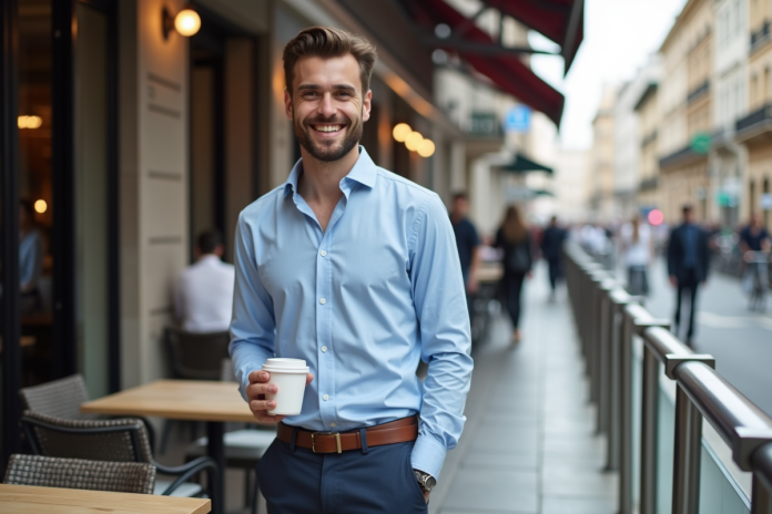Homme bien habille au café en ville pour l'article {titre}