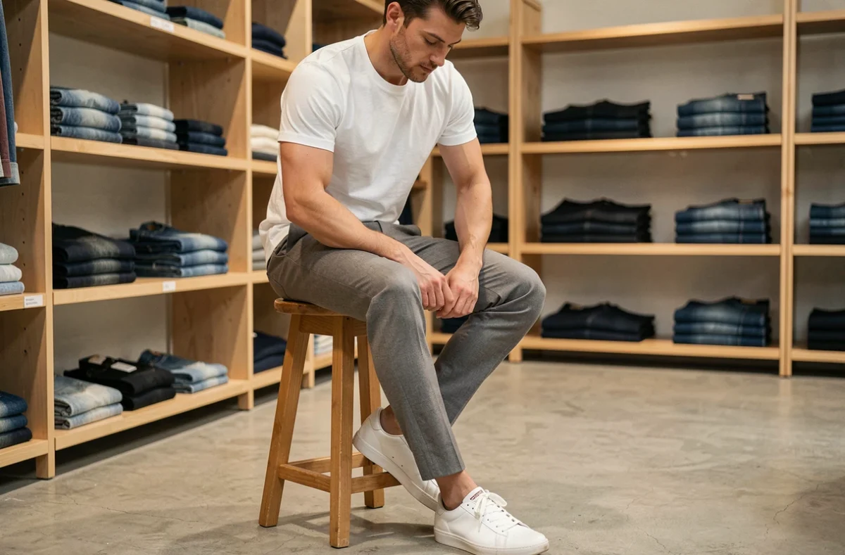 Homme assis portant un chino taille 30 en boutique, vérifiant la coupe du pantalon au niveau de la cheville