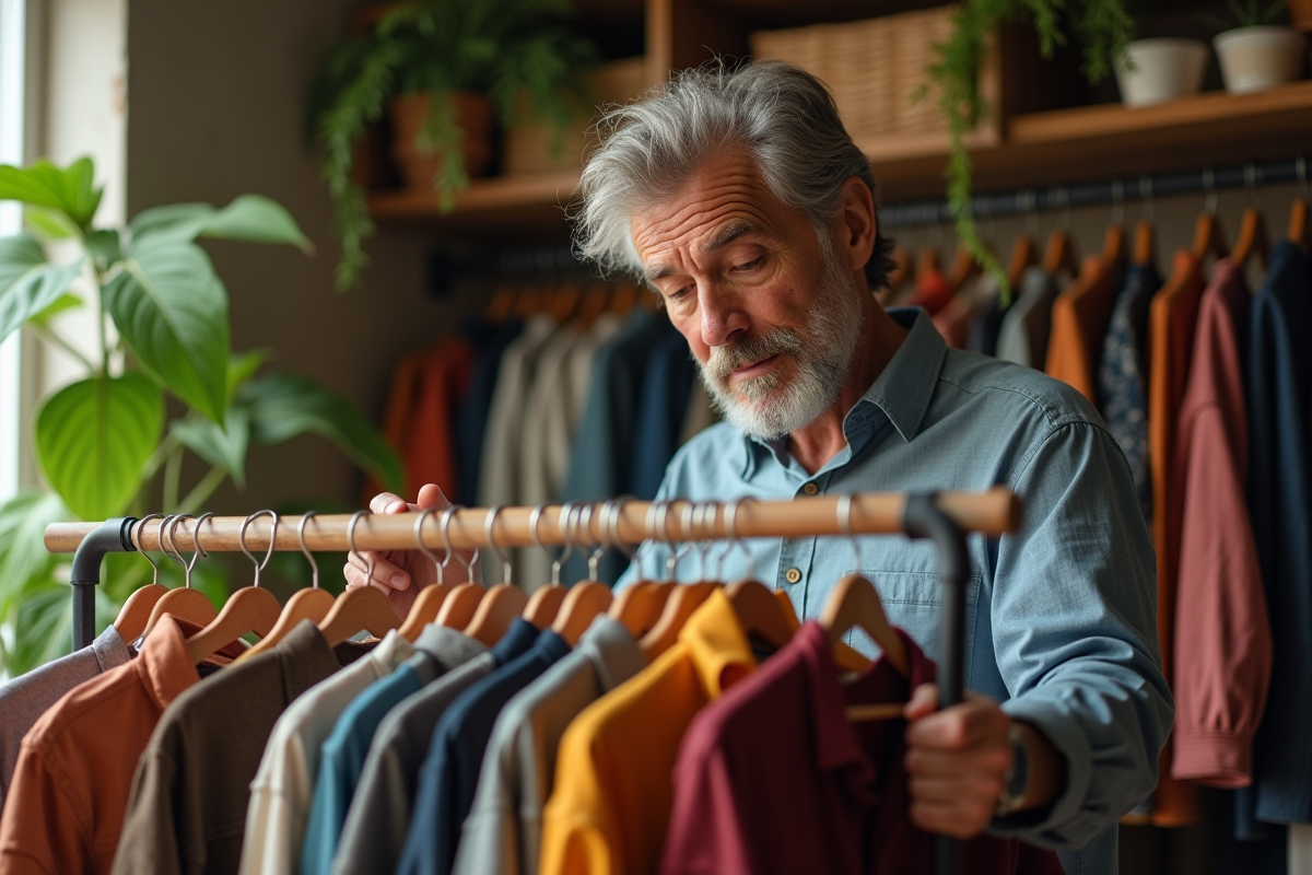 Homme triant des vêtements dans une chambre lumineuse
