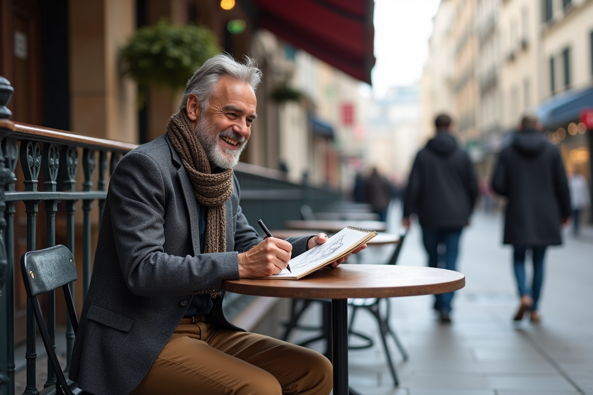 Homme dessinant dans un café en extérieur
