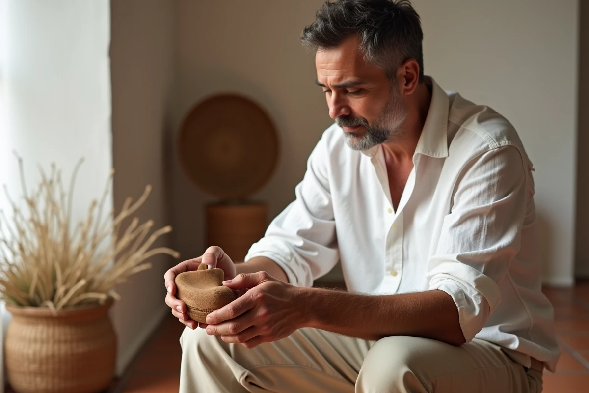 Homme appliquant un produit d'entretien sur une babouche en cuir marron à l'intérieur d'un espace méditerranéen