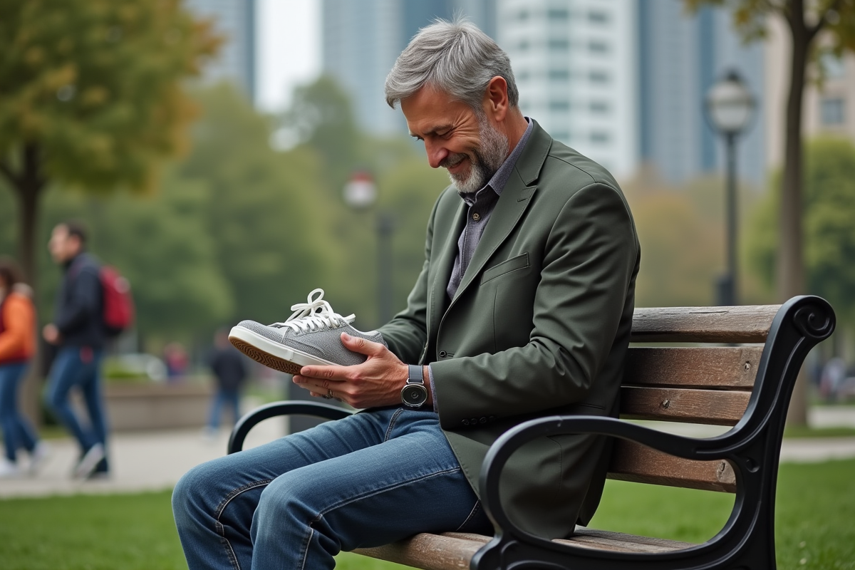 Homme vérifiant une paire de sneakers sur un banc de parc