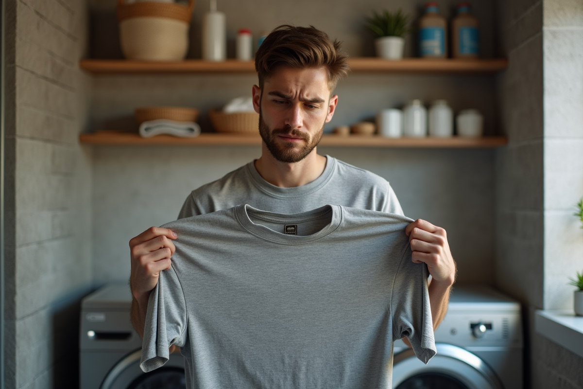 Homme vérifiant son t-shirt dans une buanderie chaleureuse