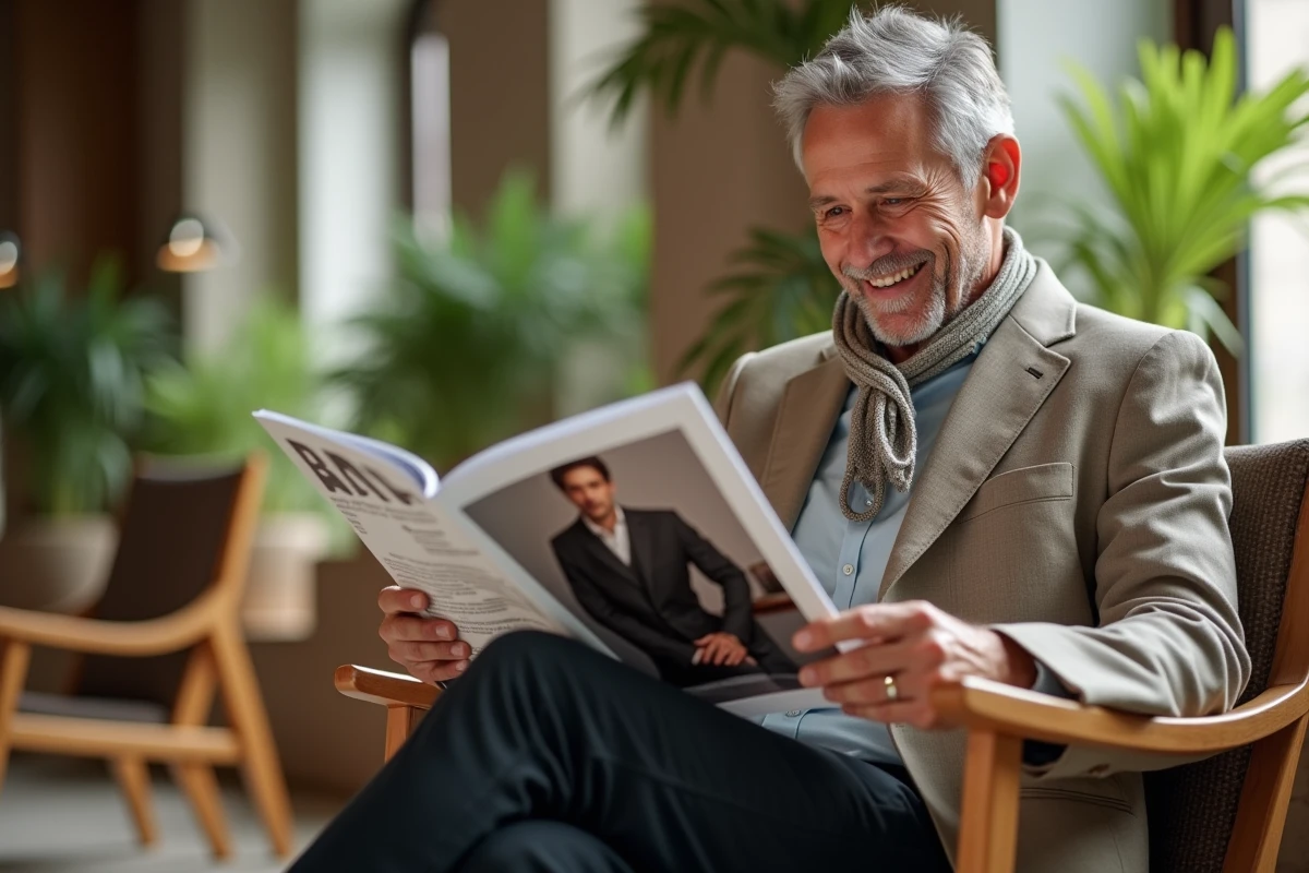 Homme lisant un magazine dans un lounge moderne