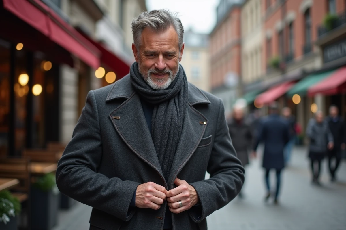 Homme en manteau charbon dans une rue urbaine