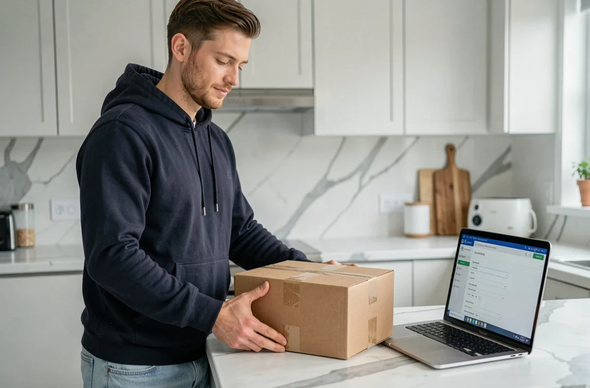 Homme modifiant les paramètres d'envoi Vinted Go depuis son ordinateur portable avec un colis préparé