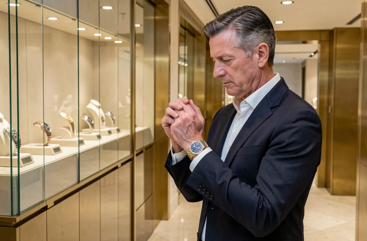 Homme en costume bleu marine admirant une montre de haute horlogerie au poignet dans une boutique de luxe aux vitrines illuminées
