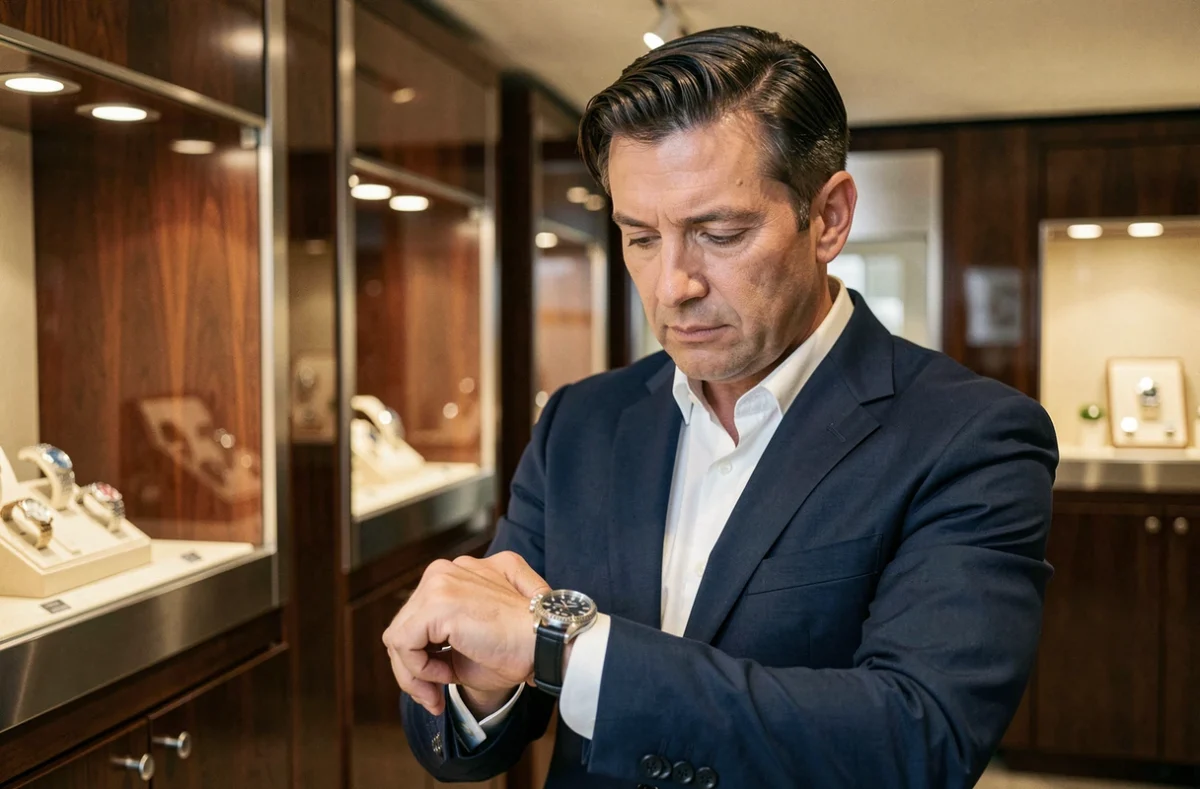 Homme en costume bleu marine examinant une montre de luxe suisse dans une boutique horlogère haut de gamme