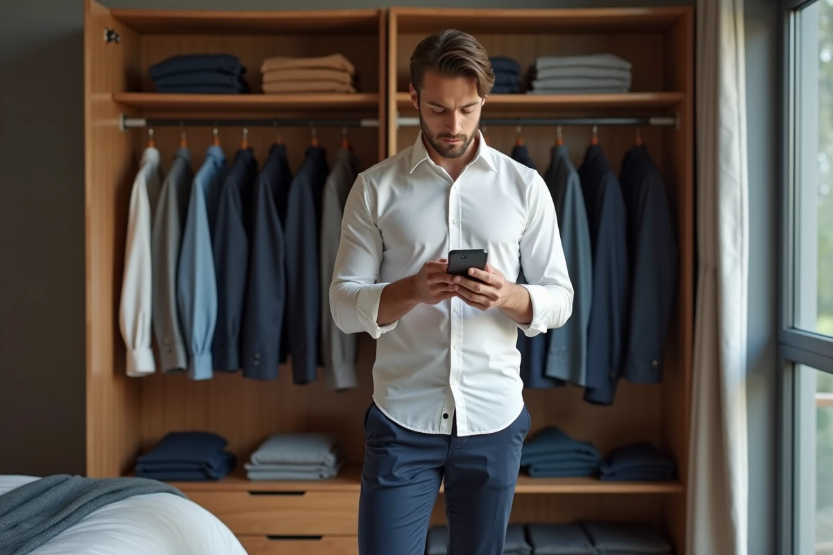 Homme organisant sa garde-robe avec une application mobile de gestion de tenues