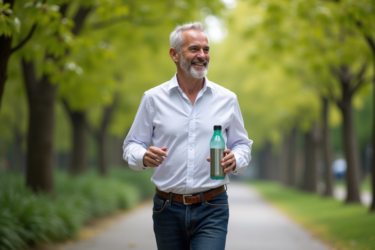 Homme souriant marchant dans un parc urbain en plein air