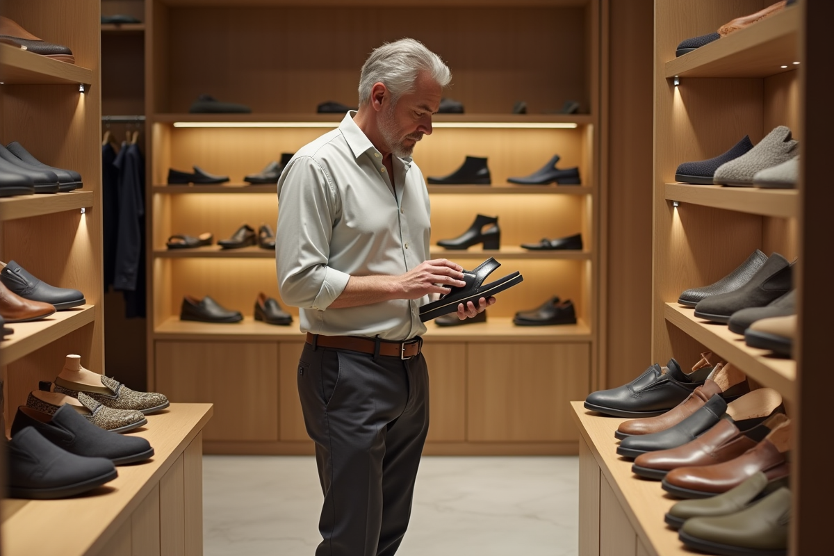 Homme français examinant des sandales dans un magasin parisien