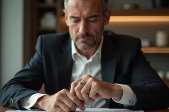 Homme d age moyen examine un anneau en argent dans un bureau