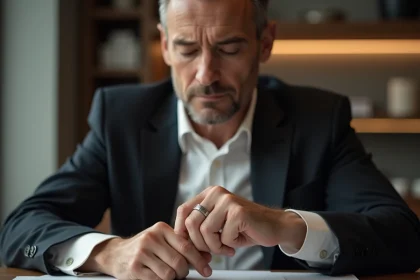 Homme d age moyen examine un anneau en argent dans un bureau