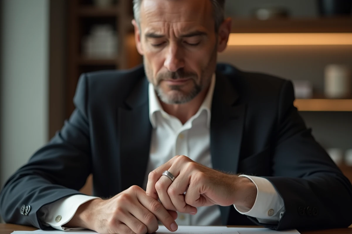 Homme d age moyen examine un anneau en argent dans un bureau