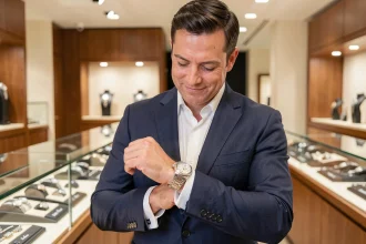 Homme en costume marine admirant une montre Rolex Day-Date dans une boutique horlogère haut de gamme