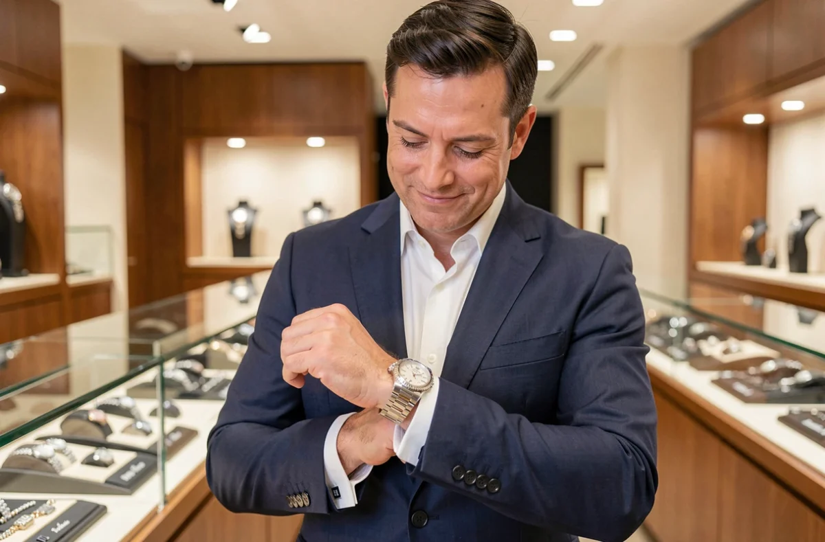 Homme en costume marine admirant une montre Rolex Day-Date dans une boutique horlogère haut de gamme