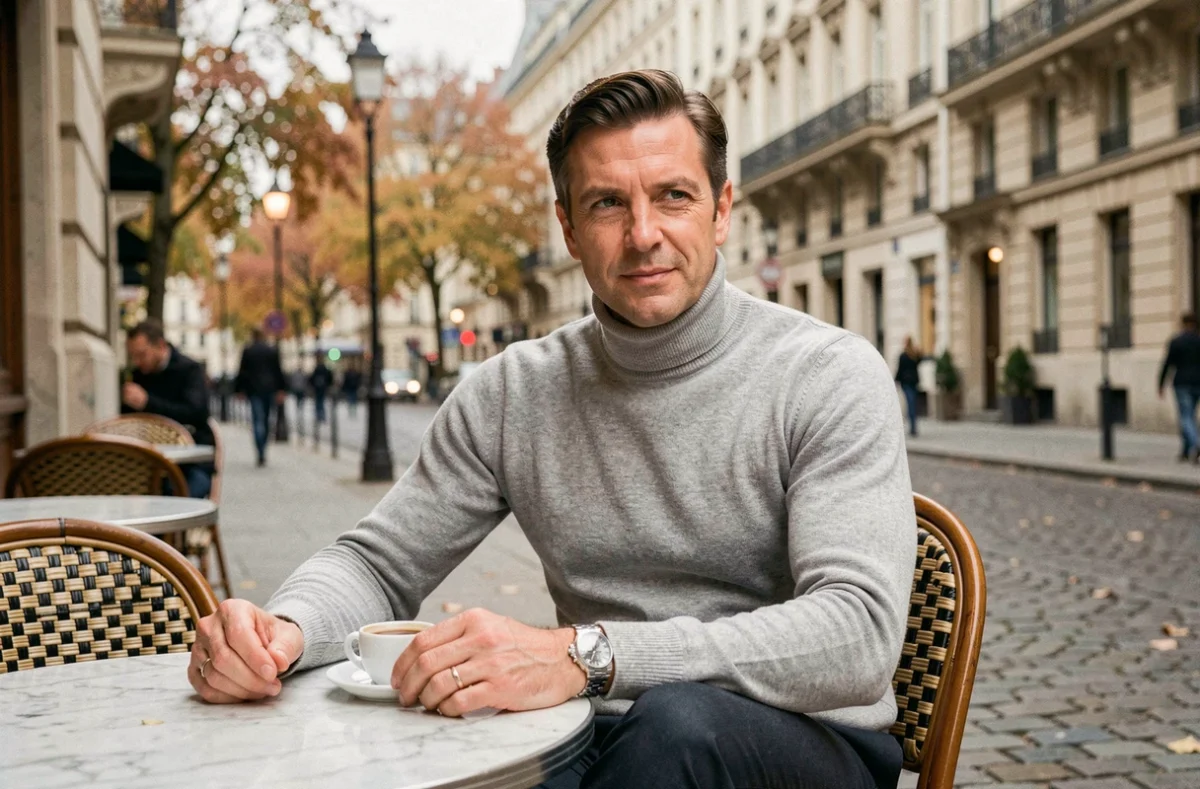 Homme portant une Rolex Day-Date attablé en terrasse de café parisien dans une tenue casual chic