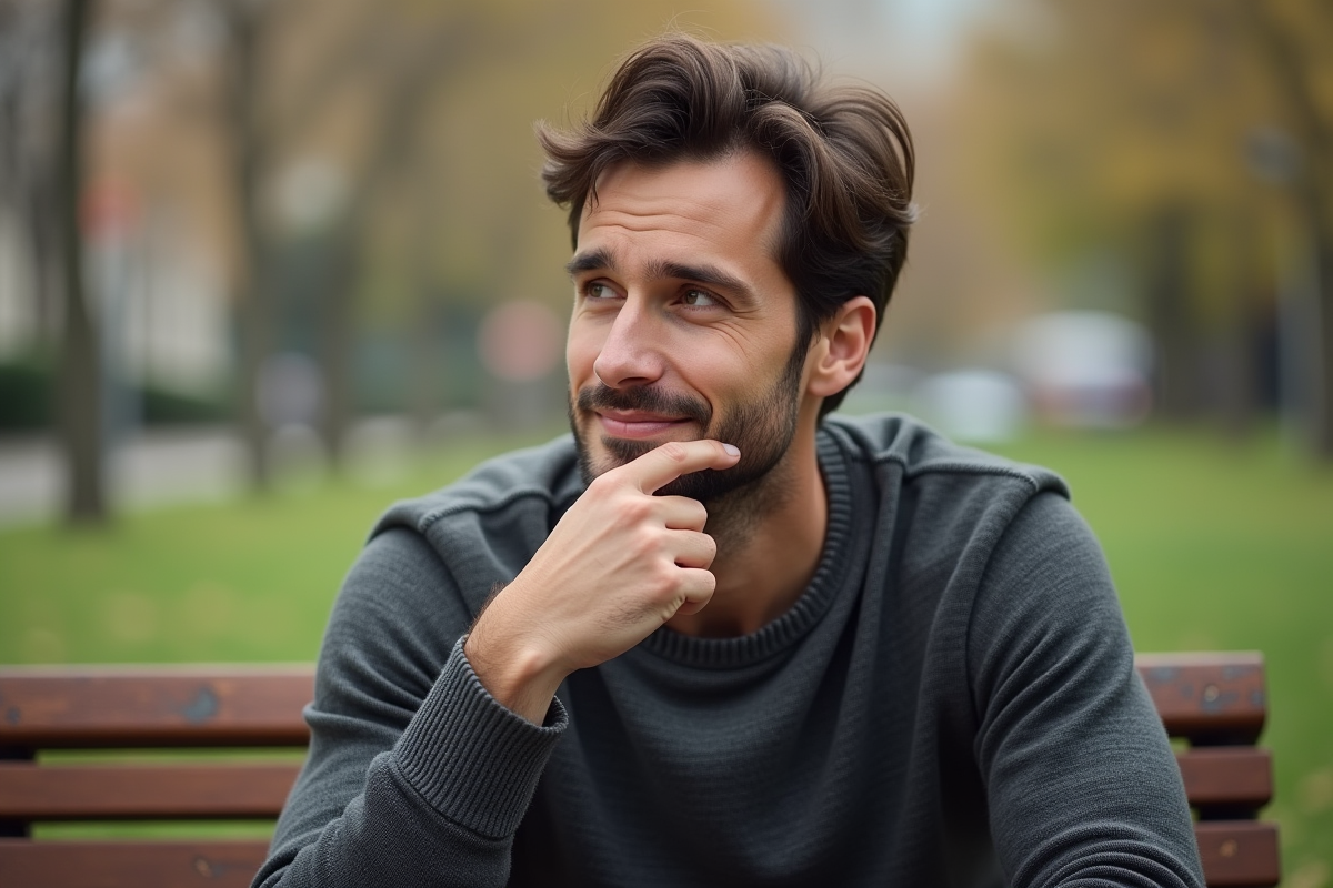 Homme assis dans un parc urbain en sweater gris