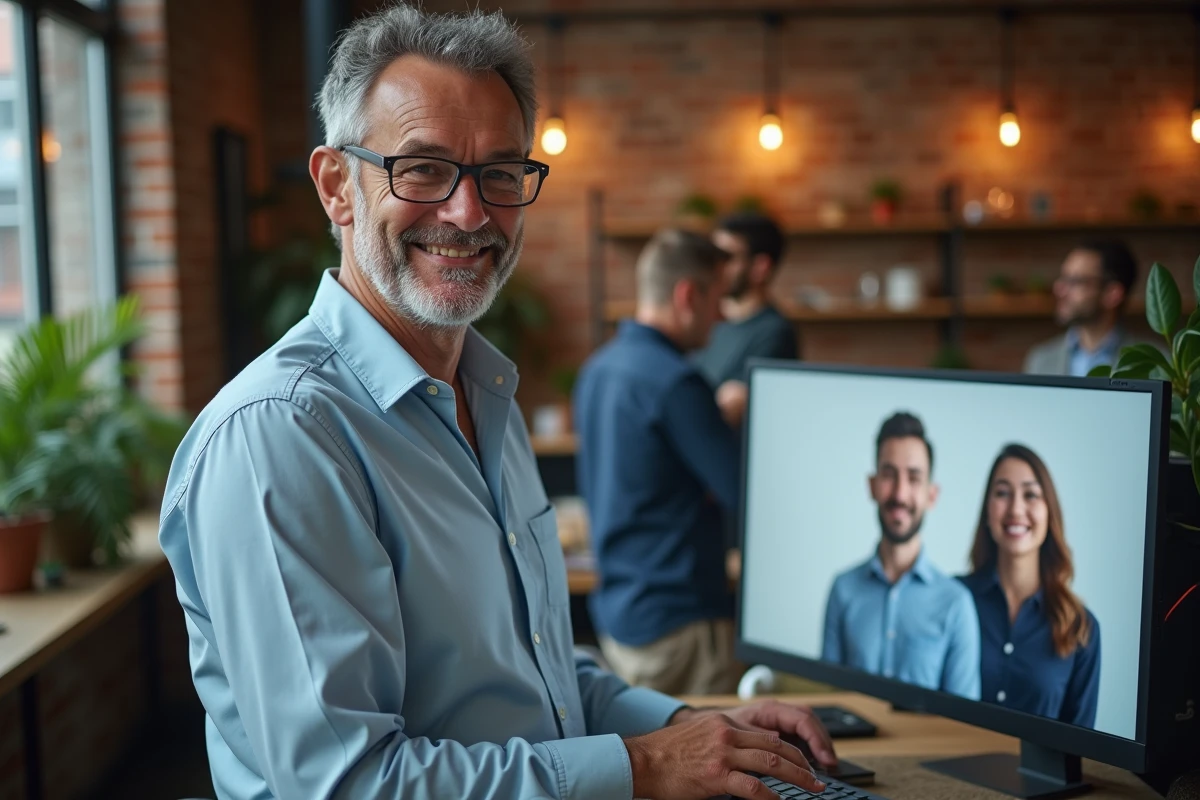 Homme créatif regardant un portrait sur un grand écran