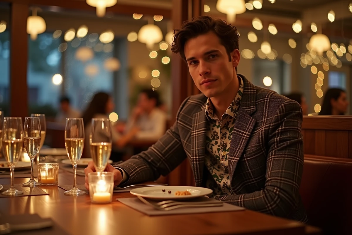 Homme mal assorti à une table de réveillon du Nouvel An, exemple d'erreurs vestimentaires courantes pour les fêtes