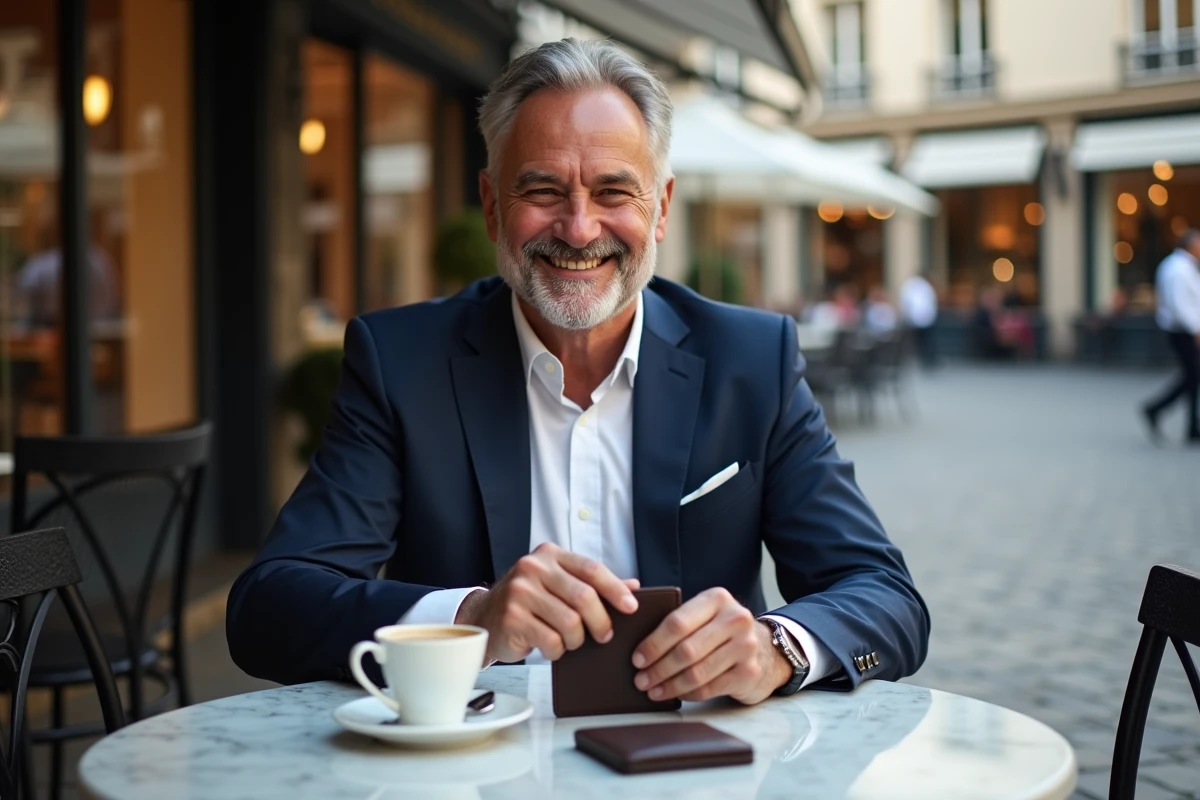 Homme mature déballant une montre de luxe au café