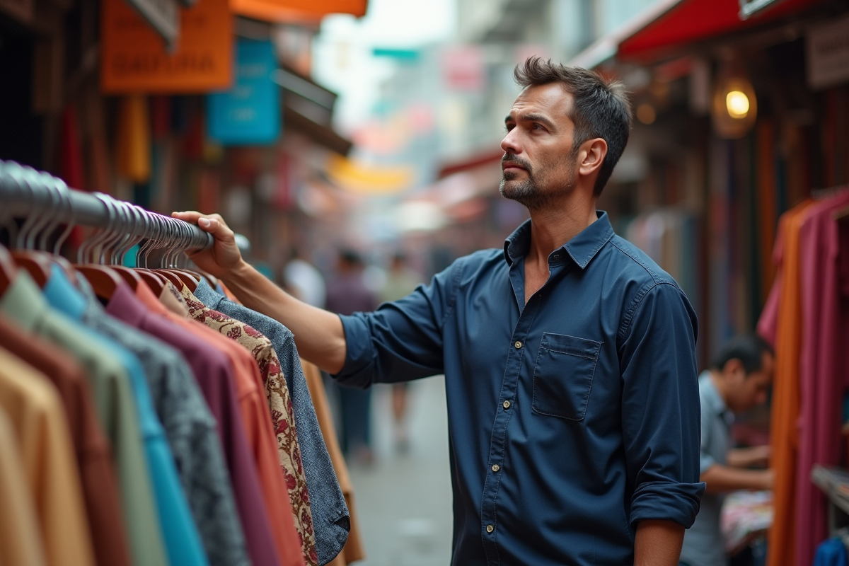 Homme inspectant des vêtements dans un marché textile animé