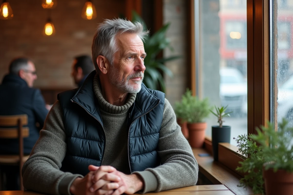 Homme en veste quilted dans un café d