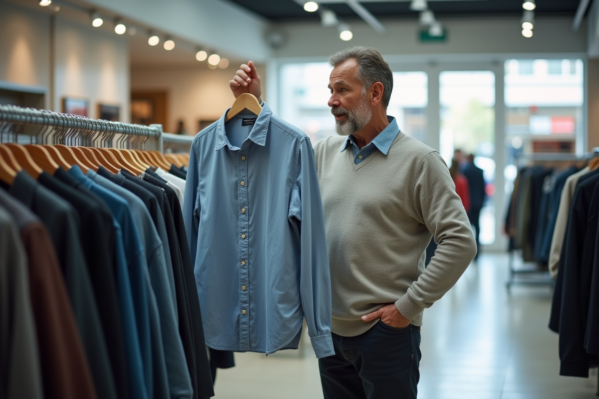 Homme regarde une chemise dans un centre commercial