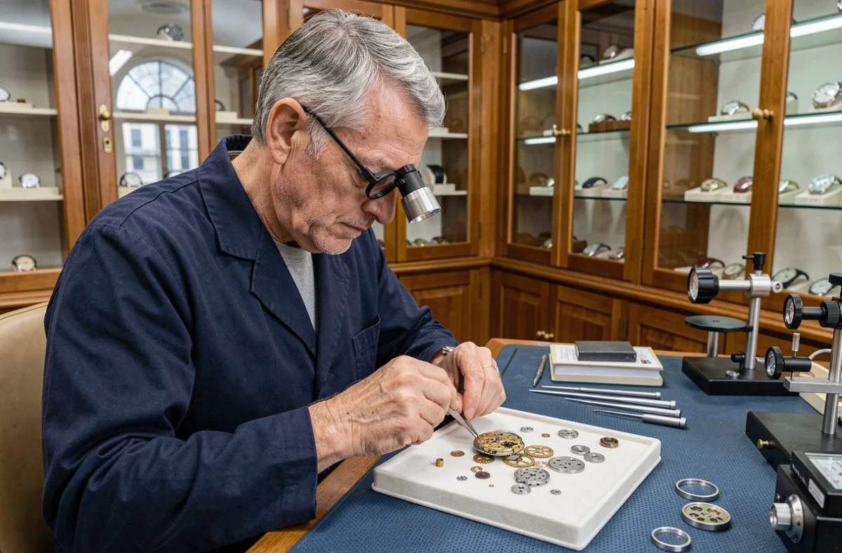 Horloger expert assemblant le mouvement d'une montre mécanique de luxe dans un atelier de haute horlogerie française