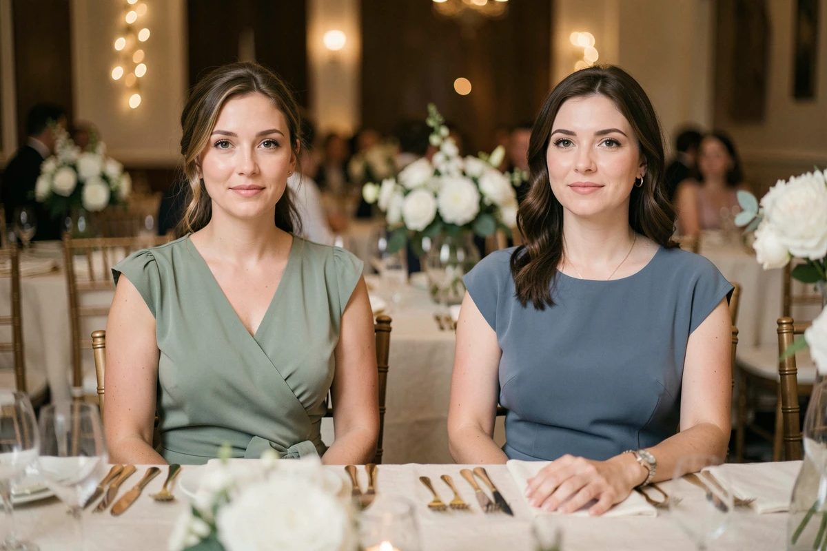 Deux invitées de mariage en robes courtes élégantes vert sauge et bleu doux assises à une table de réception décorée de fleurs blanches
