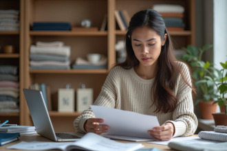 Femme comparant des échantillons de tissus dans un bureau moderne