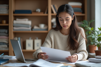 Femme comparant des échantillons de tissus dans un bureau moderne